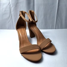 Top Moda Hannah Single Band Sandal Womens Sz 8.5 Tan Chunk Block Heel Ankle