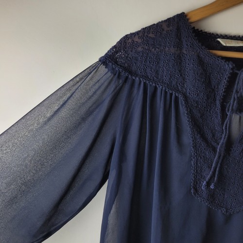 Zara Women Size M Navy Blue Lace Boxy Blouse Tie Neck Casual Smart Winter Boho - Picture 5 of 10