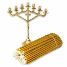 Seven Candle Brass Candelabra + 100 Pure Beeswax Church Candles Christian Holder
