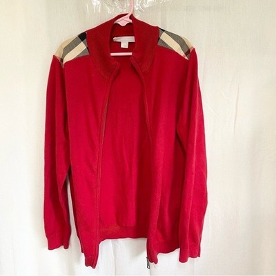 Burberry red with plaid shoulders patches cotton zip up sweater cardigan  10Y | eBay