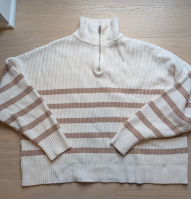 Mango Half Zip striped sweater XS Oversized fits S/M Ivory/brown