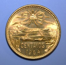 S1 - Mexico 20 Centavos 1964 Brilliant Unc. Bronze Coin - Pyramid of the Sun