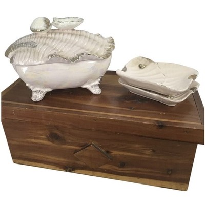 Vintage Cigarette Ashtray Box Combo Lipper And Mann Japan Gold Trim Seashell