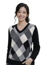 Apt. 9 Argyle V-Neck 100 Cashmere Sweater Womens Large Black Gray Red