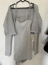 Women’s Grey Ribbed Knit 2-Piece Set Dress & Button Cardigan Long Sleeve