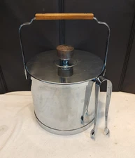 Vintage Atapco Chrome Ice Bucket w/ Tongs Walnut Wood Accents MCM Mad Men Style