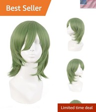 14-Inch Mixed Green Short Cosplay Wig with Side Bangs - Perfect for Parties