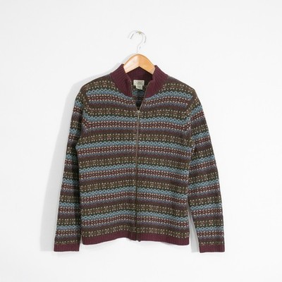 LL Bean Fair Isle Wool Zip Up Sweater Womens Medium - Distressed Mock Neck