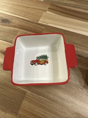 Grace Bake Shop Christmas Tree Truck Square Ceramic Baking Dish Red Handles