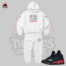 Men's White Hoodie Joggers Sweatsuit 2pc Set To Match Air Jordan 13 Bred Sneaker