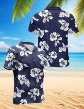 Navy Blue Floral Hawaiian Shirt White