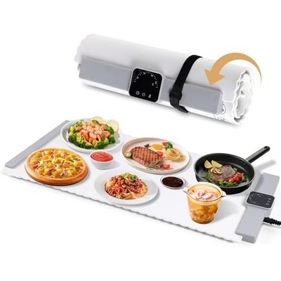 Food Warming Mat - 5 Temperature Settings, 4-Hour Timer, Lock, Flexible Silic...