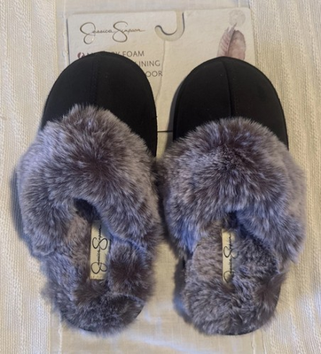 #ad Jessica Simpson Comfy Faux Fur Memory Foam Slipper Black Gray Women#x27;s Size 7 8 $19.95