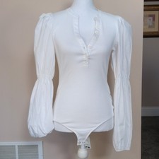 Express White Fitted Henley Bodysuit Size S Long Sleeve Stretch Button Opaque