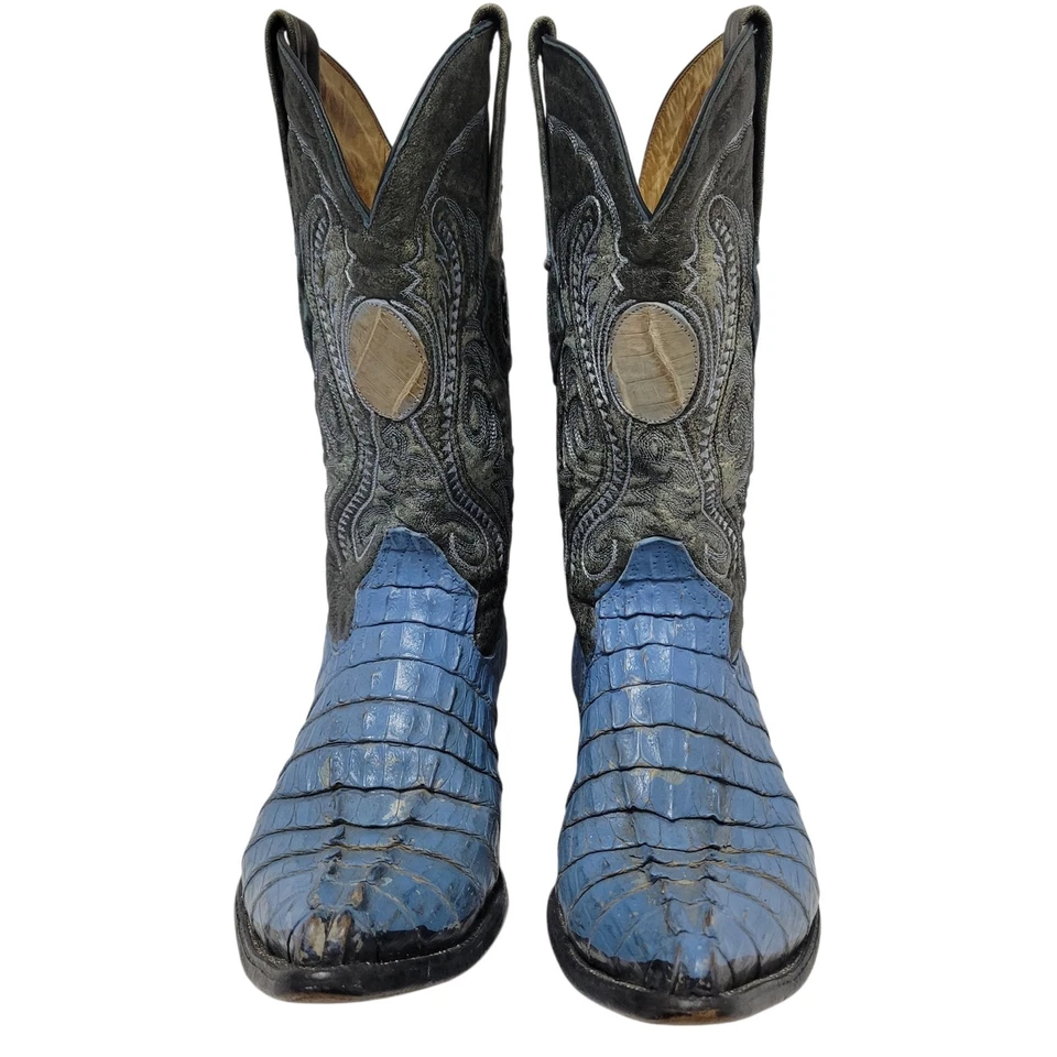 CUADRA Hombres Vaquero Occidental Auténtico Cuero Caimán Azul Gris Botas Talla 9 Foto 3 de 4