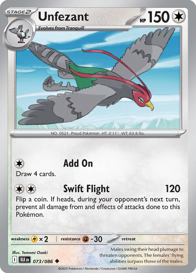 Pokemon Unfezant - 073/086 - Uncommon - Reverse Holo NM-Mint PKMN SV Black Bolt