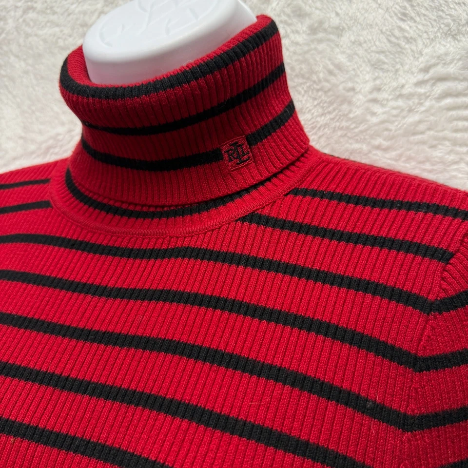 Top de cuello alto Lauren Ralph Lauren para mujer mediano rojo a rayas tejido algodón logotipo Foto 3 de 4