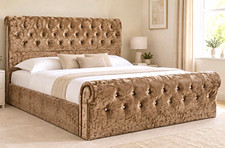 King Size Mink Crushed Velvet Diamante Chesterfield Sleigh Bed Frame
