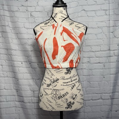 SHEIN Pleated Satin Backless Rope Tie Cropped Elastic Hem Orange/Ivory Halter M