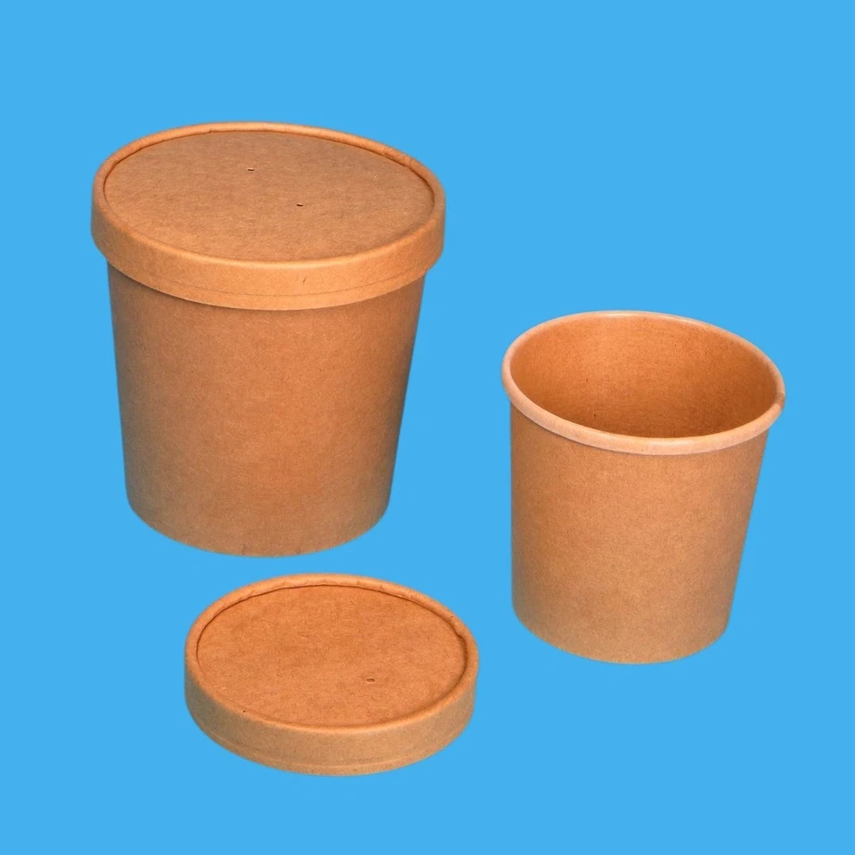 PRO DP VERPACKUNGEN 500 Bio Soup to go Suppenbecher braun Karton/PLA versch. Größen & Deckel wählbar