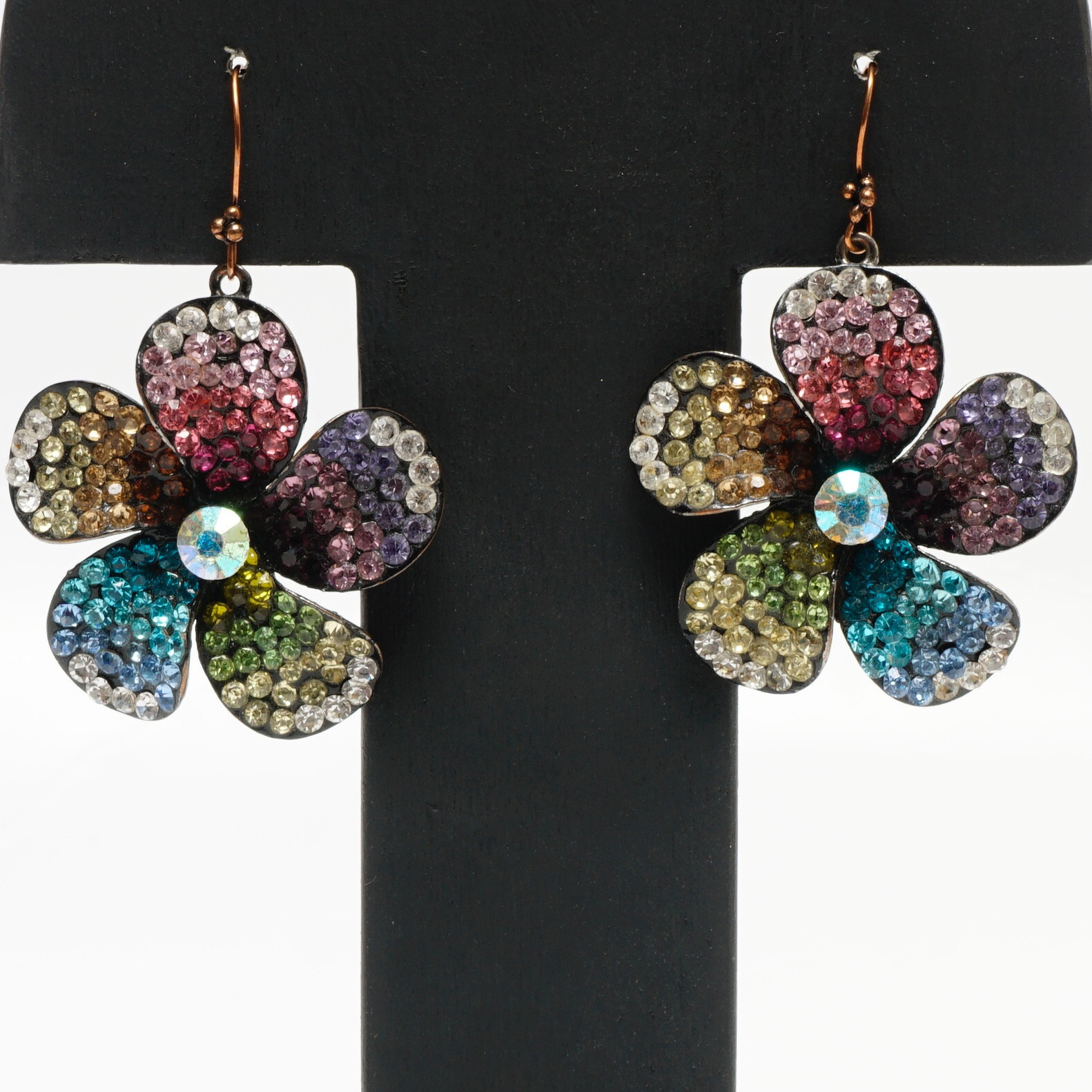 Rainbow Rhinestone Flower Dangle Drop Earrings Vi… - image 1
