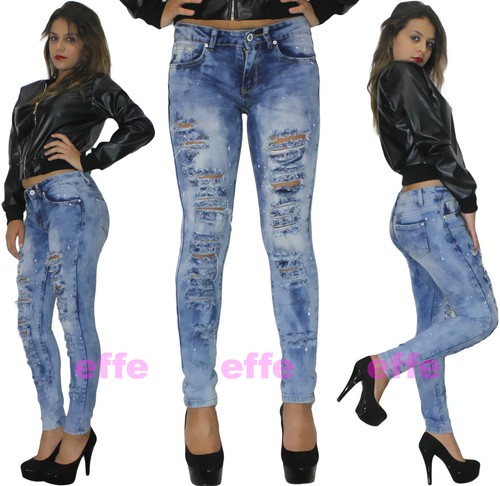 Jeans donna strappati vita bassa Denim skinny slim pittura elasticizzati  1087H | eBay