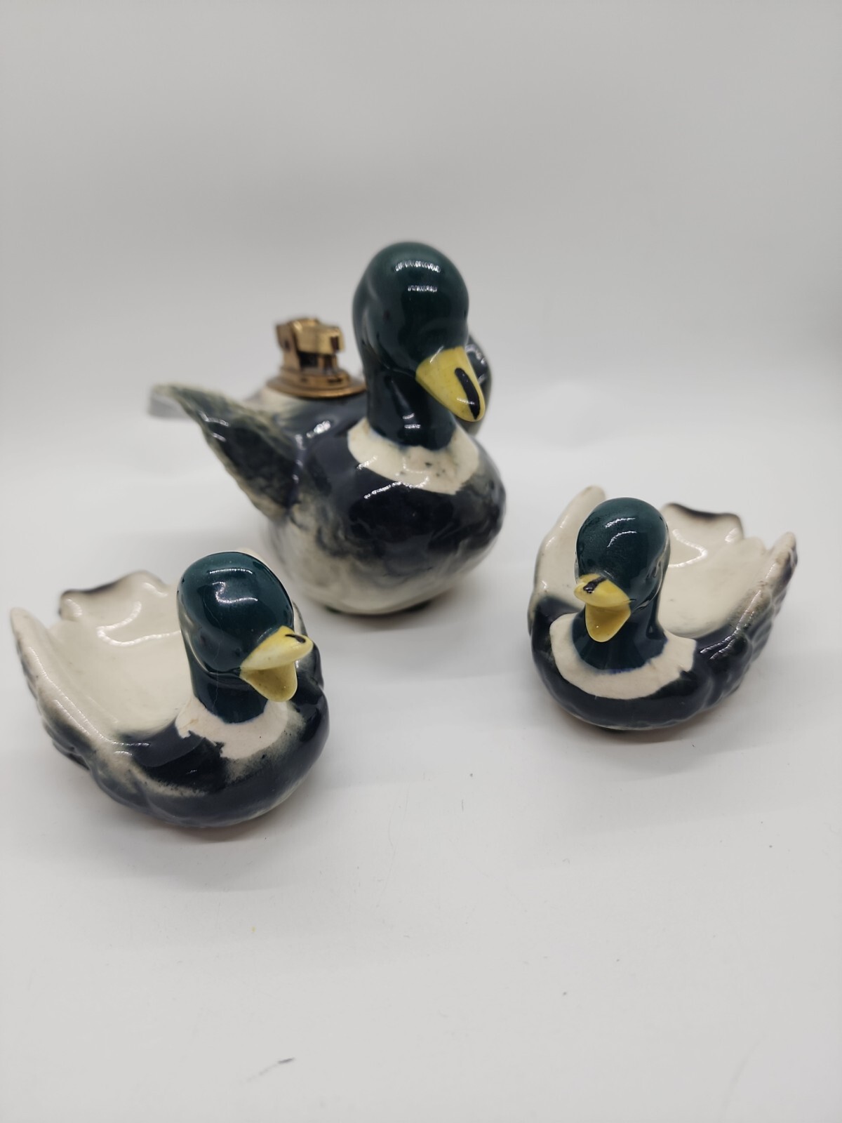 Vintage  Ceramic/Porcelain Mallard Ducks set of lighter &votive candle holder 