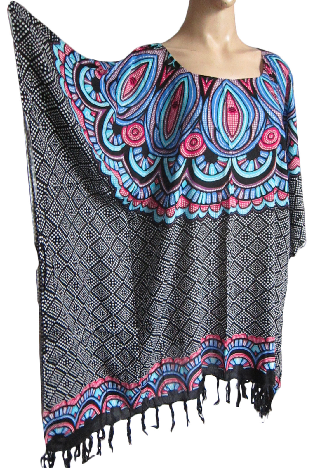 Mujer Negro/Estampado Azul Flecos Caftán Poncho Túnica Playa Grande Talla Nuevo