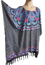 Ladies BLACK/ BLUE PRINT fringed Kaftan Poncho Tunic beach large plus size new