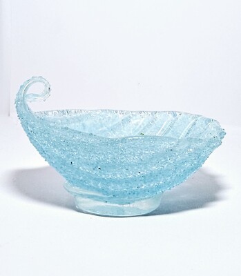 Sugared Art Shell Shaped Vintage Glass Curled Handle MCM Aqua Color Candy Dish 