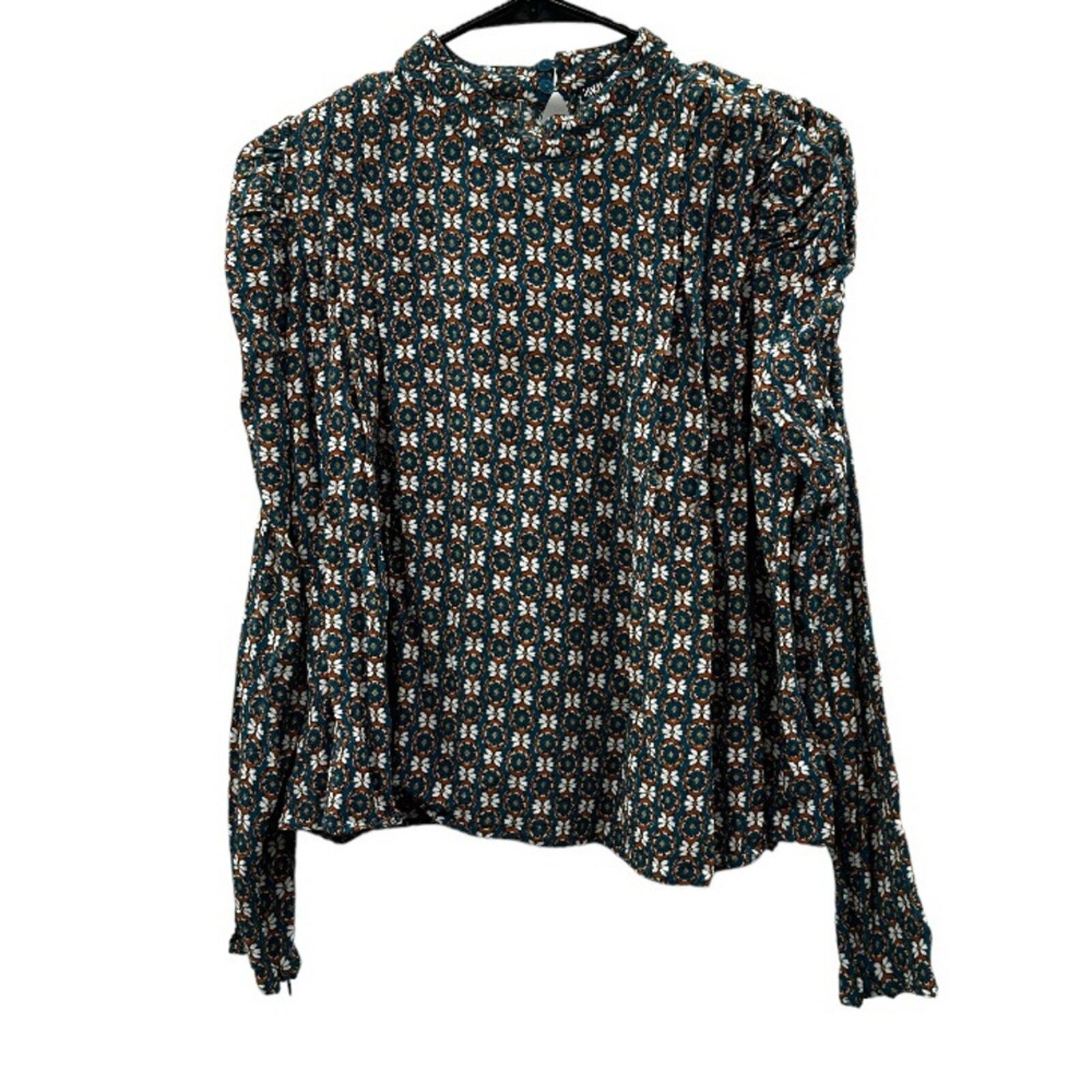 Zara Blue, White & Orange Floral Print Long Sleeve Top Size M