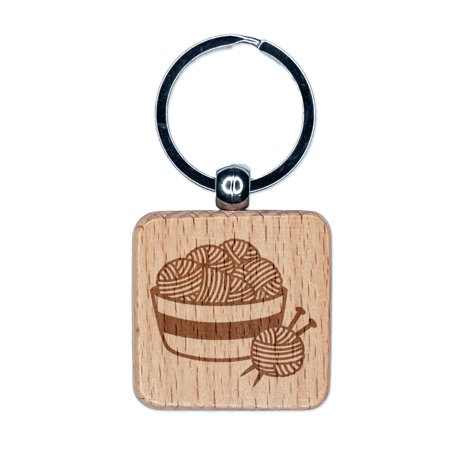 Yarn Knitting Engraved Wooden Square Keychain Charm Tag  