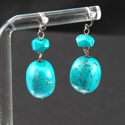 Vintage Ohrringe 925 Sterling Silber Natur Türkis Rund Oval Teal Blau