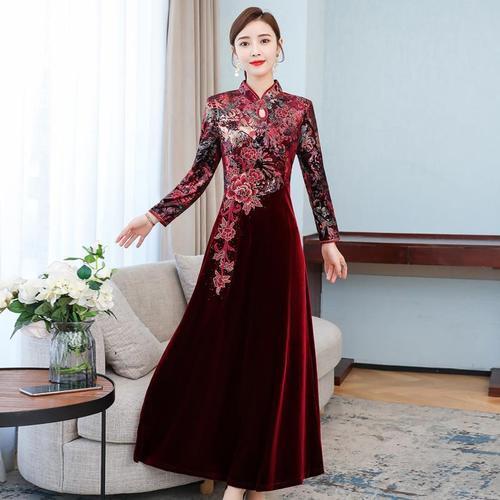 Women's Qipao Dress Wedding Mother's Dress Long Evening Dress Velvet Dress M-6XL - Picture 14 of 14