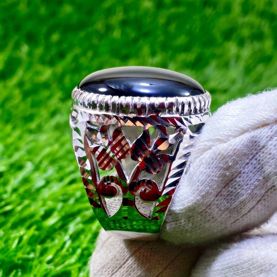 Anillo Aqeeq Yemení Natural Negro Aqeeq Hombres Anillo de Plata Hombres Anillo de Piedra Negra Foto 4 de 4