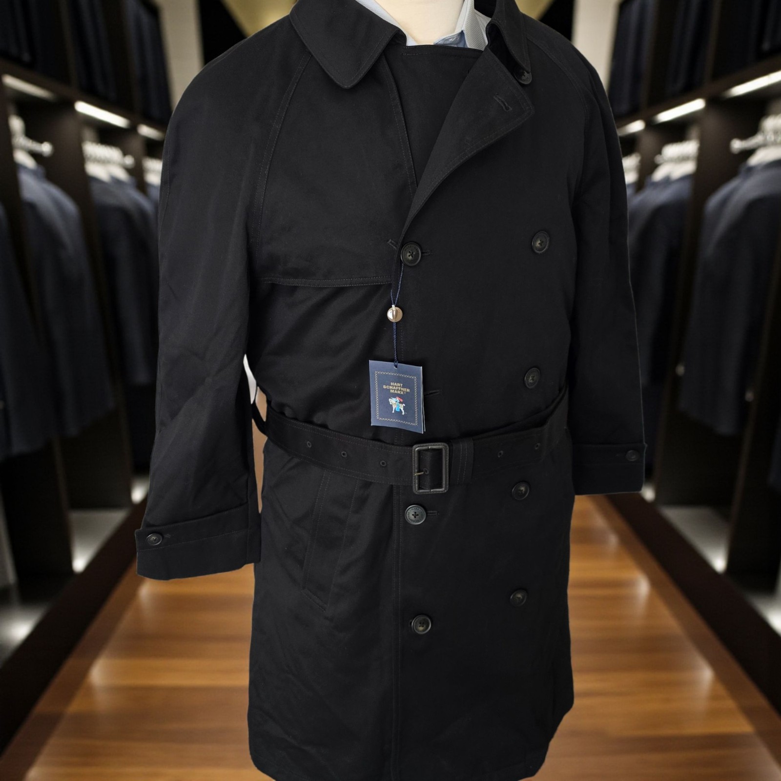 New Hart Schaffner Marx Double Breasted TrenchCoat 42S Belted Black