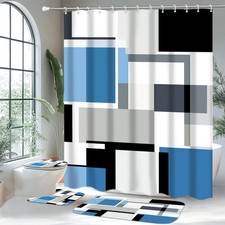 4 PCS Bathroom Sets Shower Curtain Rugs Blue Geometric 12 Hooks Abstract