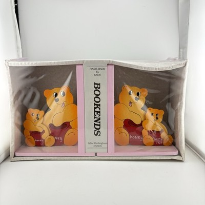 Neues Paar handgefertigte bemalte rosa Holz Buchstützen Teddybären Honig Baby Kinderzimmer