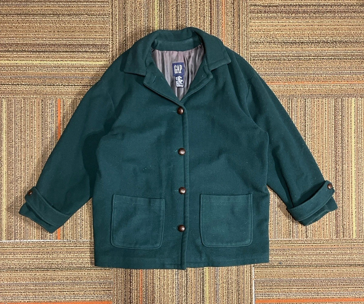 Vintage Gap Green Pea Coat Men's Button-Up Wool Overcoat Jacket with Pockets 90s