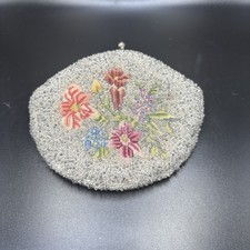 Small Beaded Silver/Gray Coin Purse W Multicolor Floral Needlepoint Design
