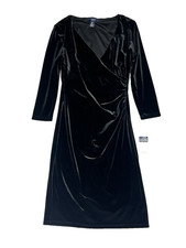 Chaps Velvet Faux Wrap Dress 4 Black V Neck Ruched Classic Cocktail Evening
