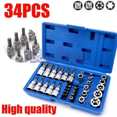 34pcs Torx Star Sockets & Bit Set Male Female E-torx Security Bits 3/8 Drive US