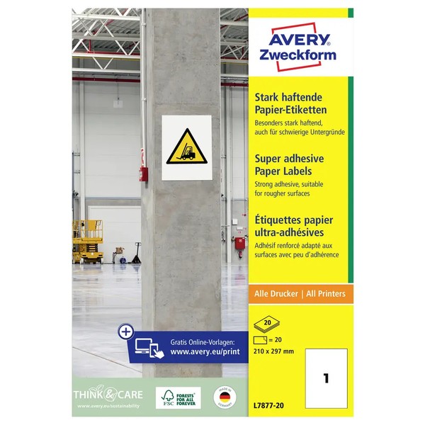 20Er Multipack Avery-Zweckform L7877-20 Kraftkleber-Etiketten 210 X 297 Mm-image