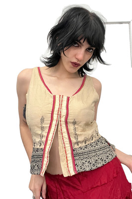 Noa Noa Vintage Bohemian Embroidered Pattern Tan Tank