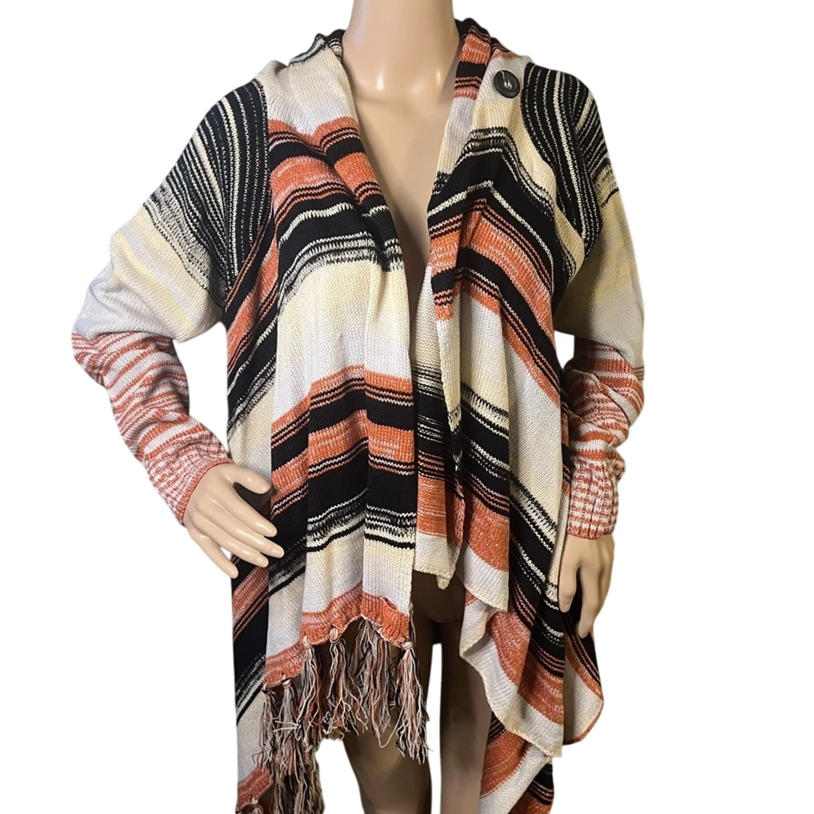 Orange Black And Cream Open Front Cardigan Poncho Sweater Long Sleeve Xl
