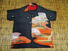 Japanese Silk Kimono Remake Aloha Shirt Men XL Kanoko Shibori Fan Vintage Casual