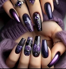 Deep Purple Floral Long Coffin Nail Tips 24pcs Goth Dark Boxed Nails GLUE & Tabs