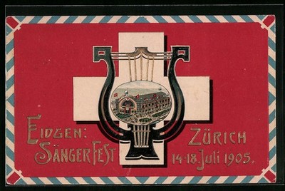 AK Zürich, Sängerfest 1905 - Festhalle, Schweizerkreuz und stilisierte Laute 