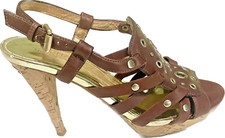 Michael Kors Brown Leather w. Gold Accents High-Heel Sandals, Size 6