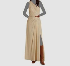  260 Ralph Lauren Women's Beige Metallic Chiffon One Shoulder Gown Dress Size 10